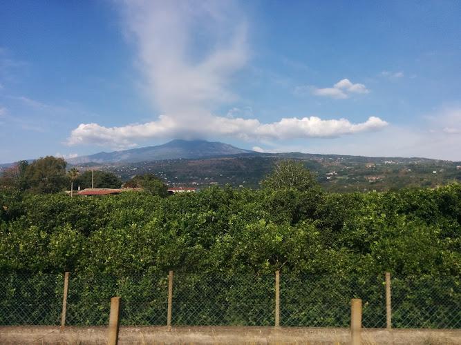 Una montagna in lontananza con una colonna di fumo si erge sopra campi verdi e una recinzione sotto un cielo azzurro con nuvole sparse.