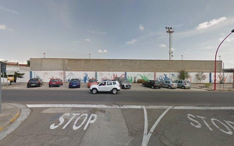 Vista stradale di un parcheggio con più auto parcheggiate contro un muro decorato con colorati murales di piante. L'incrocio presenta segnali e linee "STOP" chiaramente contrassegnati.