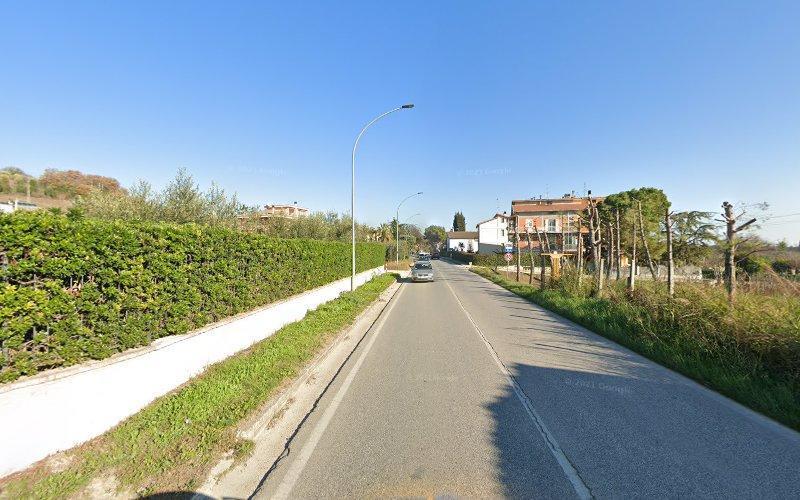 Strada a due corsie con un'auto che procede, fiancheggiata da siepi sulla sinistra e da case con verde sulla destra, sotto un cielo terso e azzurro.