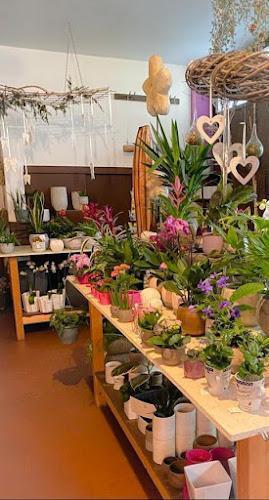 Un negozio di fiori con varie piante in vaso e fiori esposti su tavoli di legno. Fioriere sospese e oggetti decorativi sono visibili sullo sfondo.