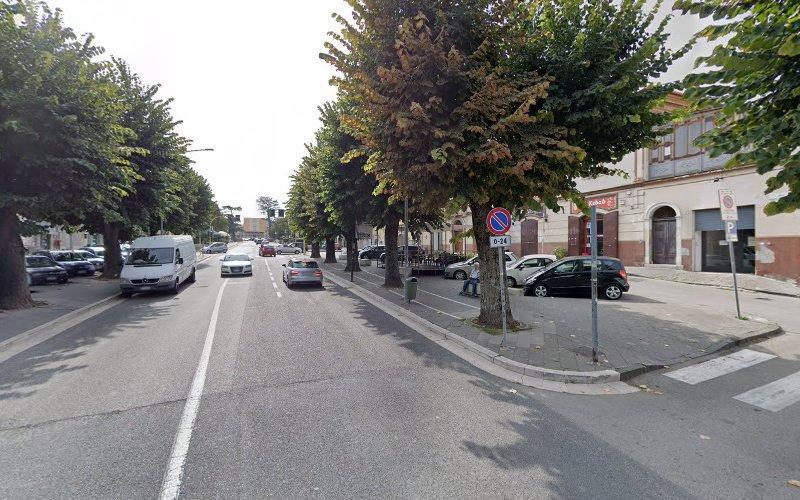 Una strada con diverse auto parcheggiate, un furgone bianco e alberi che costeggiano entrambi i lati. Un cartello di divieto di sosta è visibile sul marciapiede destro. Edifici e vetrine di negozi sono sullo sfondo.