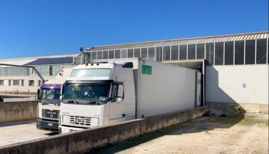 Due camion commerciali sono parcheggiati sulla banchina di carico di un edificio industriale sotto un cielo terso e azzurro.