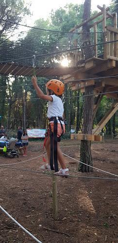 Un bambino che indossa un casco e un'imbracatura si arrampica su una corda in un parco avventura all'aperto con strutture in legno elevate sullo sfondo.