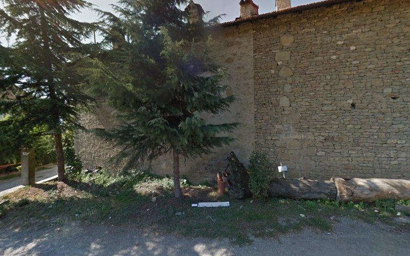 Un edificio in pietra con un grande albero adiacente. Ci sono tronchi e un piccolo tubo davanti all'edificio. Il terreno è ghiaioso con chiazze di erba.