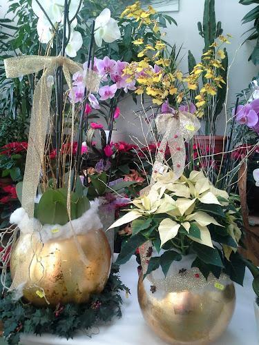 Due vasi dorati a forma di zucca contenenti vari fiori e piante, tra cui orchidee bianche e fiori gialli, sono esposti su un tavolo, con ulteriore fogliame sullo sfondo.