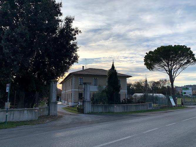 Un edificio a due piani si staglia contro un cielo parzialmente nuvoloso, con un grande albero sulla sinistra e un altro albero sulla destra, accanto a una strada.