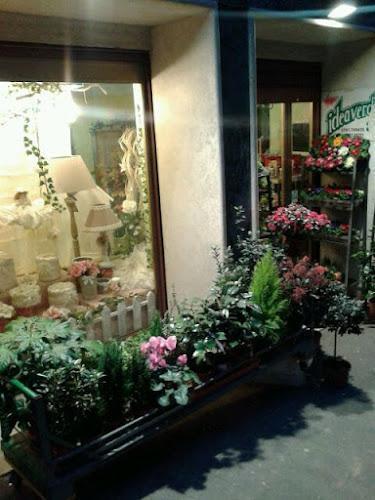Una vetrina con esposizione di articoli di arredamento per la casa e una varietà di piante in vaso e fiori disposti all'esterno.