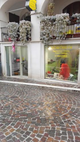 Esterno di un edificio con finestre ad arco, una strada acciottolata e balconi adornati da piante pensili. Un cartello con la scritta "ORCHIDEA" e una persona vestita di rosso sono visibili attraverso la finestra.