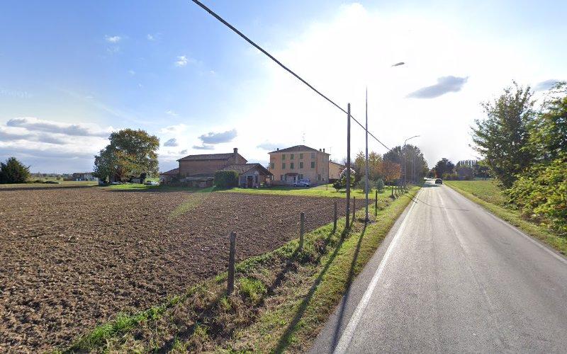 Una strada asfaltata costeggia un campo arato con una recinzione metallica e alberi. Diversi edifici sono sullo sfondo sotto un cielo parzialmente nuvoloso.