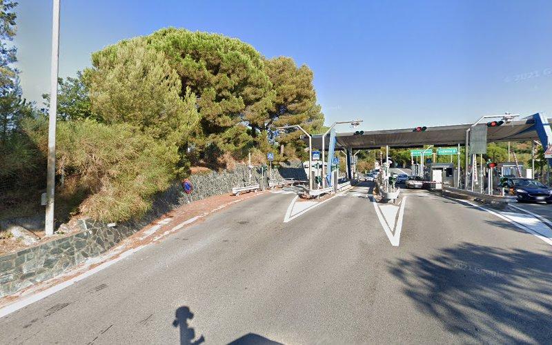 Un'area del casello autostradale con più corsie per i veicoli, circondata da alberi e vegetazione. Si vedono tre auto avvicinarsi alle barriere del casello sotto un cielo azzurro e terso.