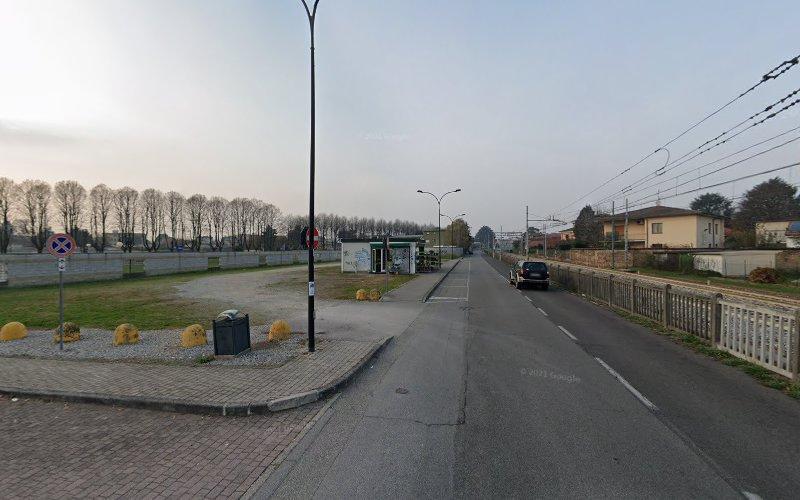 Una strada tranquilla con una fermata dell'autobus e un'auto parcheggiata sulla destra, un'area erbosa aperta con alberi sullo sfondo, un cielo nuvoloso e lampioni in alto.