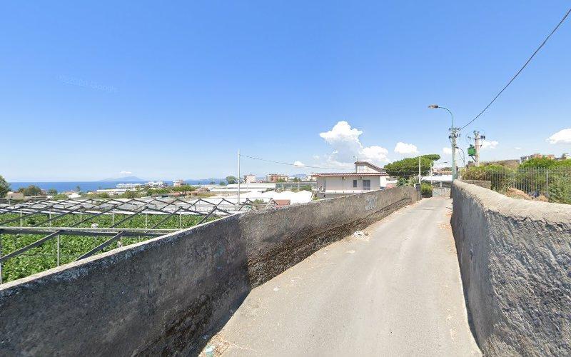 Una strada stretta, con un alto muro sul lato destro, corre tra serre ed edifici, conducendo verso la lontana costa sotto un cielo limpido e azzurro.
