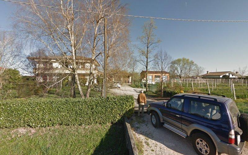 Una persona cammina verso una grande casa con alberi e una siepe di fronte. Un SUV blu è parcheggiato sulla ghiaia vicino al lato destro dell'immagine.