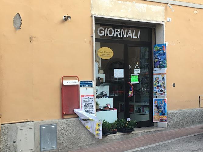 Un piccolo negozio con un cartello "GIORNALI" sopra l'entrata, una cassetta postale arancione accanto alla porta e vari poster e piante all'esterno. La porta e le finestre mostrano cartelli colorati.
