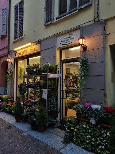 Un piccolo negozio di fiori in una strada stretta, con un ingresso decorato con piante e fiori. La vetrina ha insegne luminose e piante sospese che incorniciano in modo decorativo la porta.